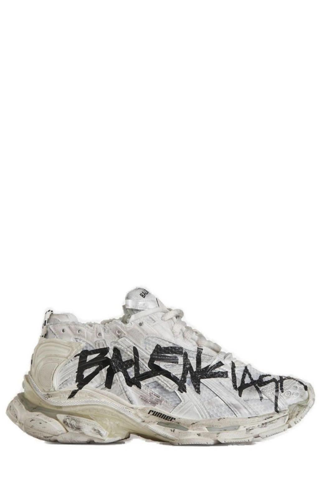 BALENCIAGA White Graffiti Runner Low Top Sneakers Product Image