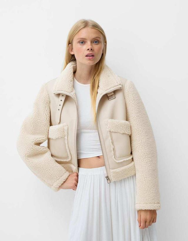 Bershka shearling and faux leather jacket in cream Product Image