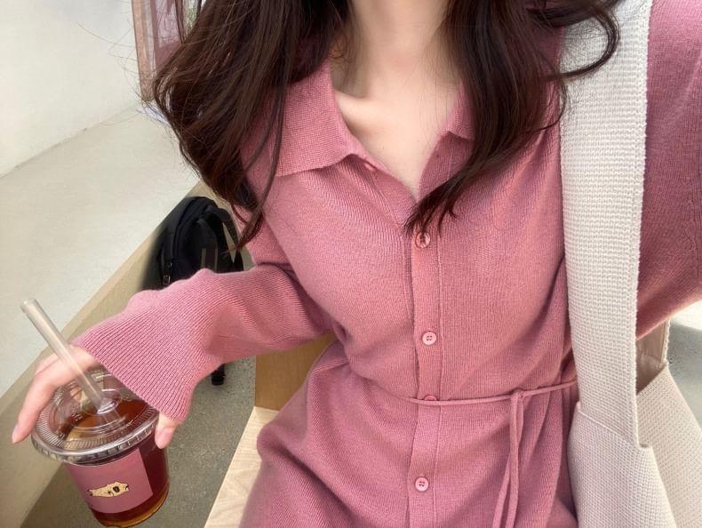 Long-Sleeve Collar Button Sashed Midi Sweater Dress Product Image