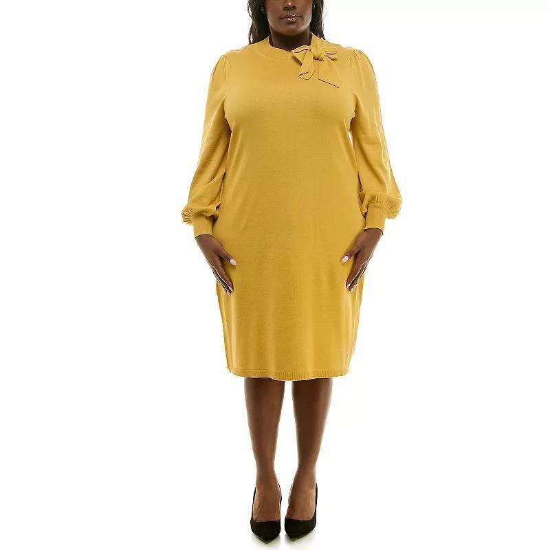 Plus Size Nina Leonard Rib Knit Dress with Bow, Womens Yellow Product Image