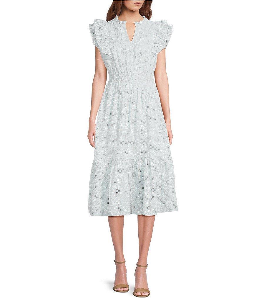 Sam Edelman Kenna Pleated V-Neck Ruffle Cap Sleeves Cinched Waist Midi A-Line Dress Product Image