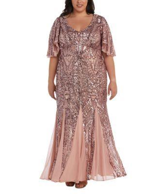 R&M Richards Plus Size Sequin Flutter-Sleeve Godet Gown Product Image