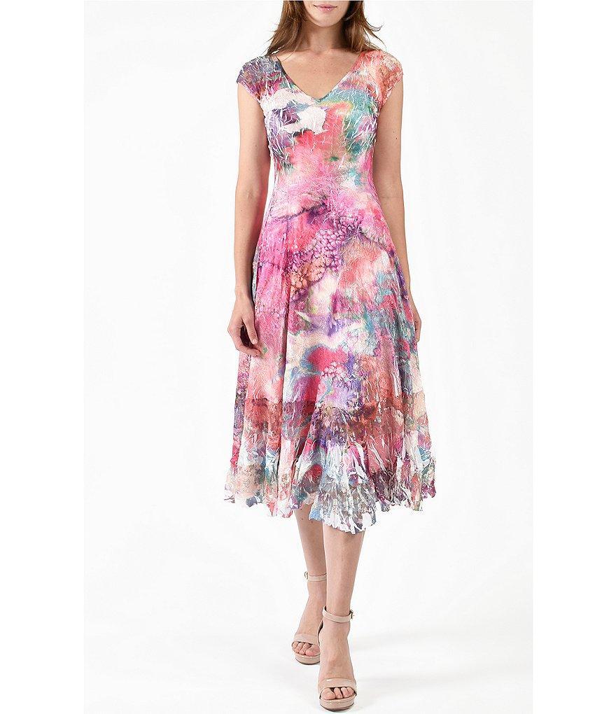 Komarov Printed V-Neckline Cap Sleeve Pleated Lace Dress Product Image