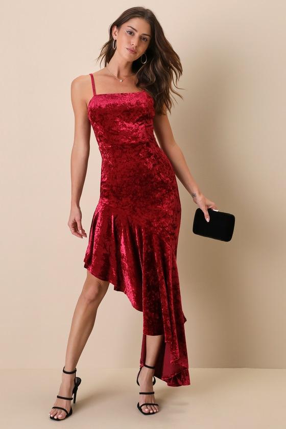 Crush On Me Wine Red Crushed Velvet Asymmetrical Maxi Dress Product Image