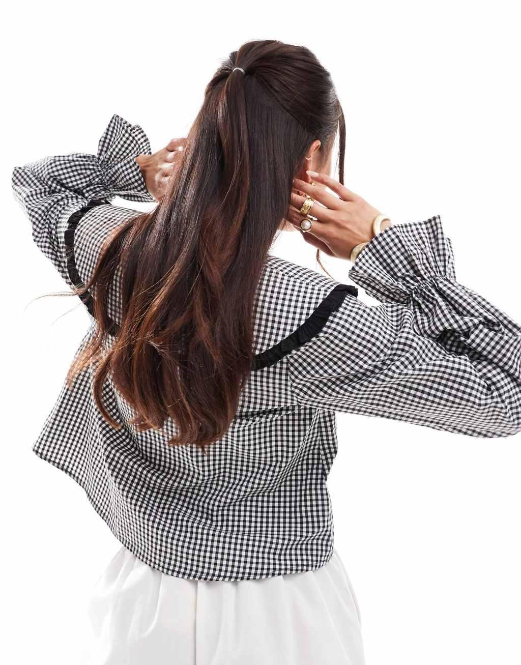 ASOS DESIGN oversized collar tie front blouse in black gingham Product Image