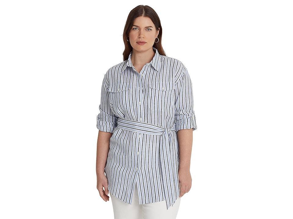 LAUREN Ralph Lauren Plus Size Striped Belted Linen Shirt (Blue/White Multi) Women's Clothing Product Image