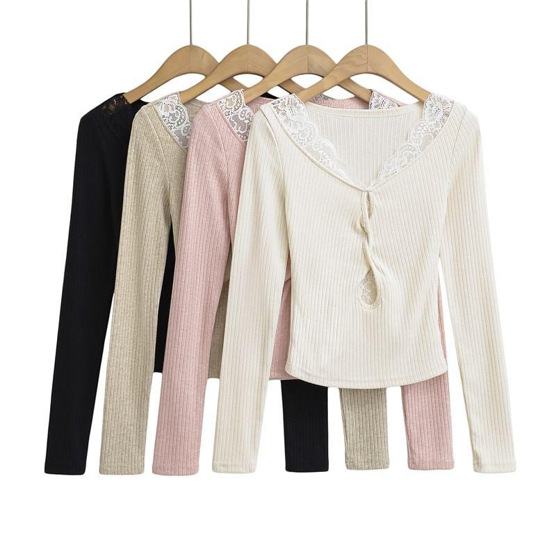 Long-Sleeve Scoop Neck Plain Ribbed Lace Trim Keyhole Knit Top Product Image