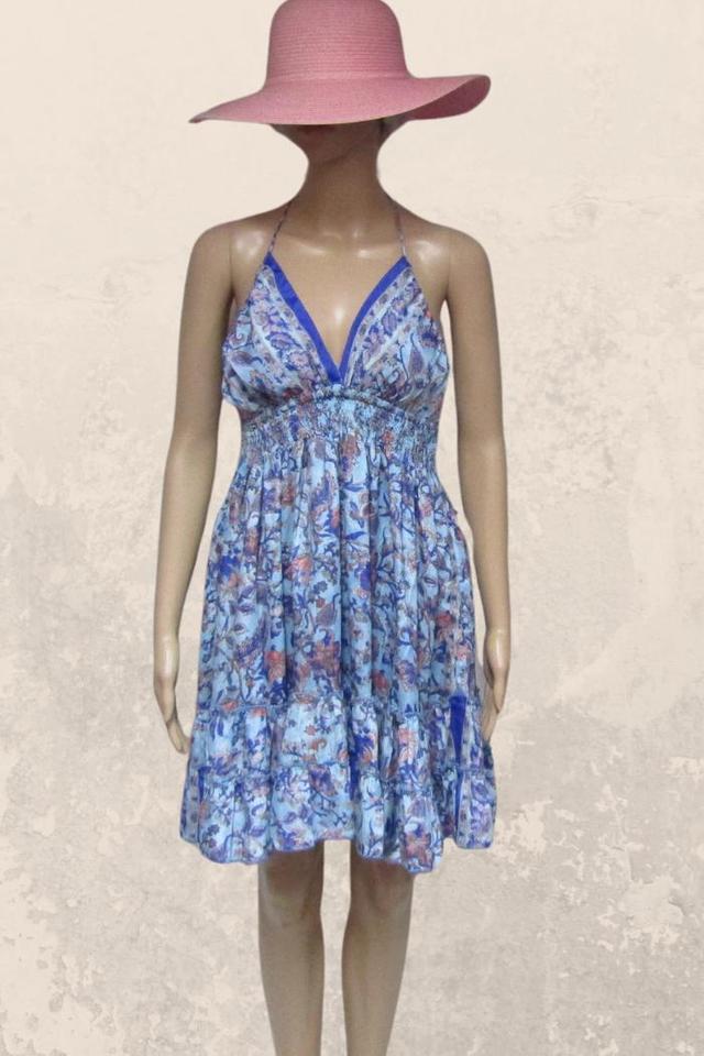 Chic Short Silk Blend Halter Dress in a Blue Floral Print Product Image