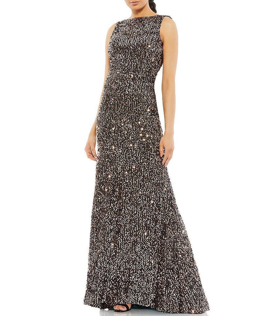 Ieena for Mac Duggal Sequin Drape Back Detail Boat Neck Sleeveless Sheath Gown Product Image