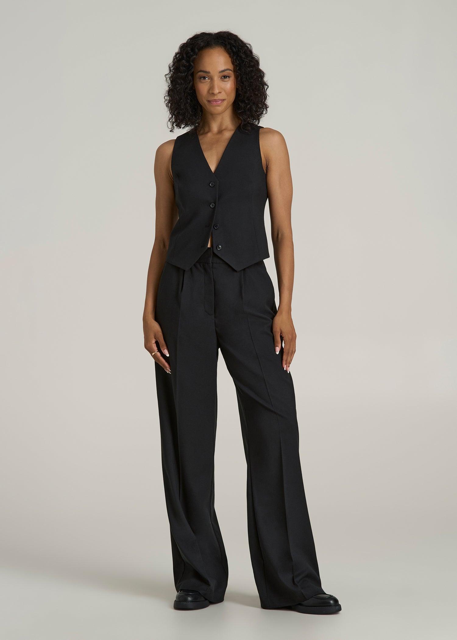 High-Rise Wide-Leg Pleated Dress Pants for Tall Women in Black Product Image