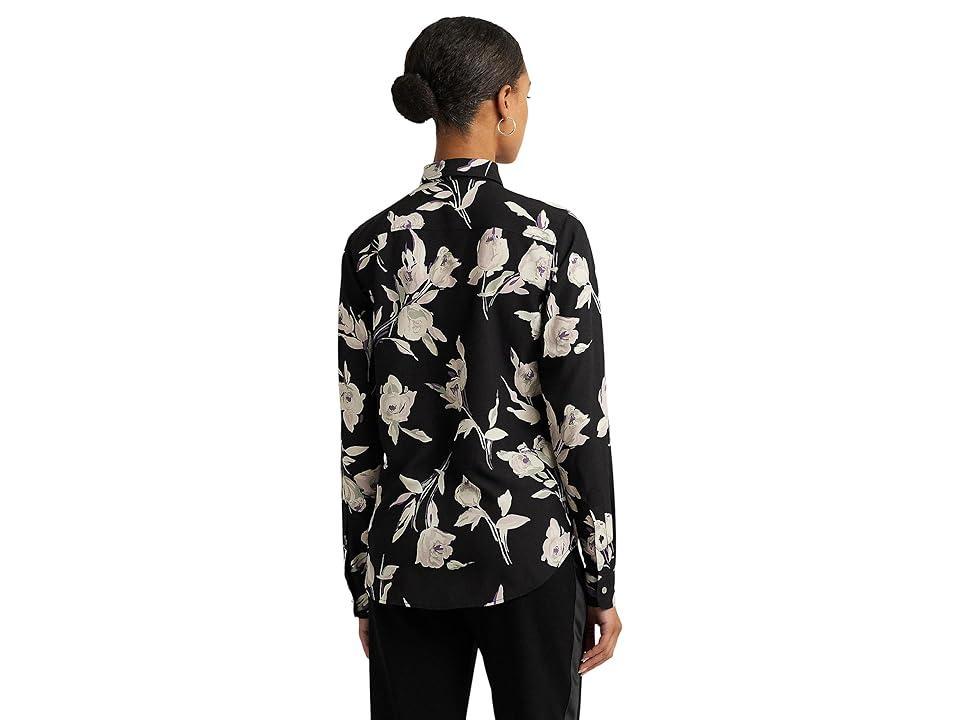 Lauren Ralph Lauren Petite Classic Fit Floral Crepe de Chine Shirt Multi) Women's Clothing Product Image