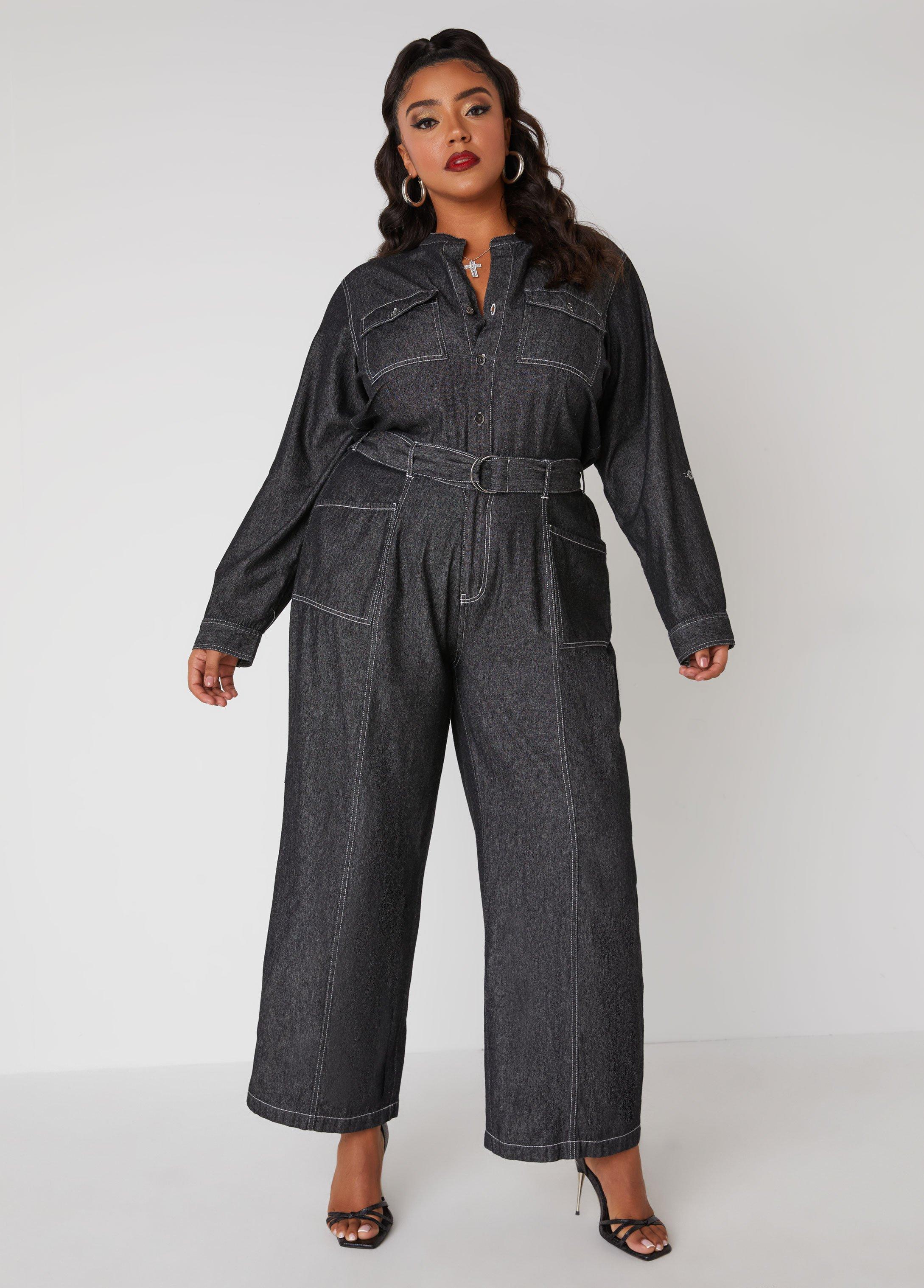 Belted Straight Leg Denim Jumpsuit Product Image