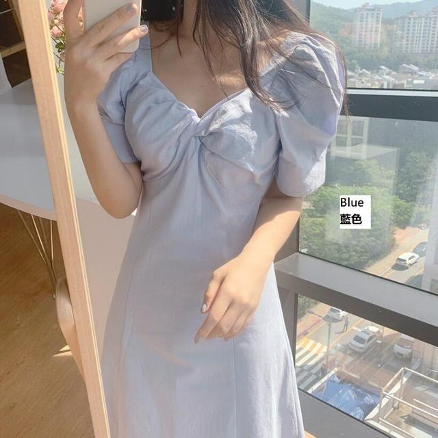 Puff-Sleeve A-Line Midi Dress Product Image