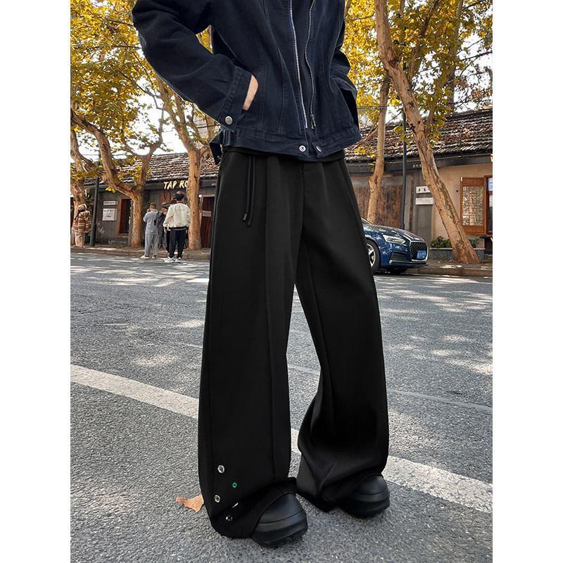 Mid Rise Plain Button Detail Wide Leg Pants Product Image