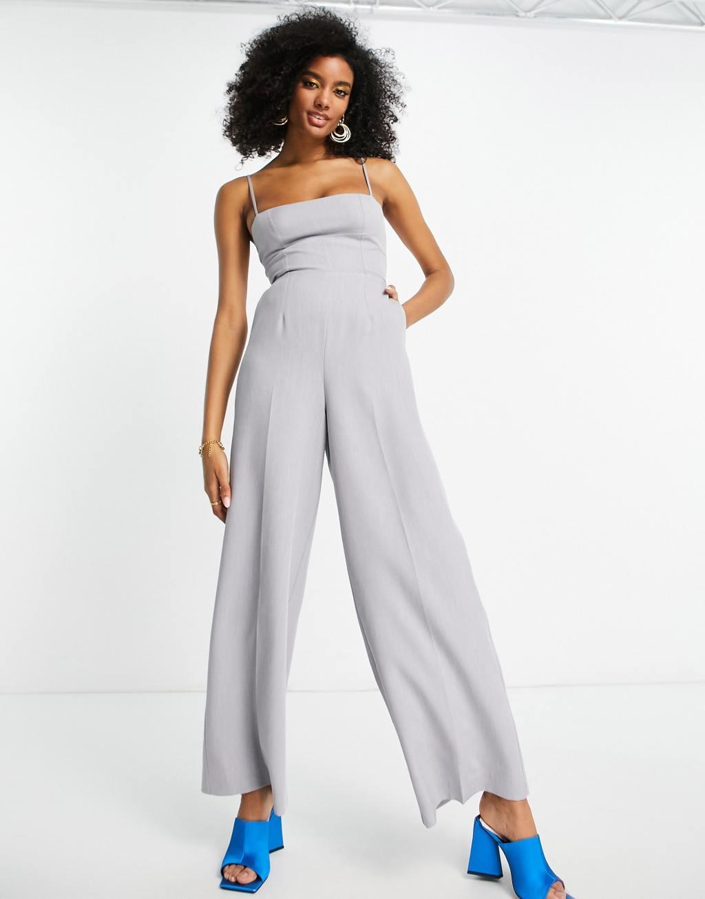 ASOS DESIGN tailored melange suiting strappy back wide leg jumpsuit in gray  Product Image