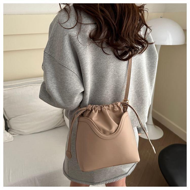 Plain Drawstring Faux Leather Bucket Bag Product Image