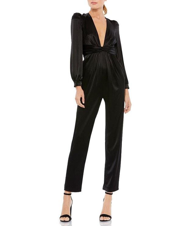 Mac Duggal Satin Charmeuse Plunge V-Neck Puff Sleeve Straight Leg Jumpsuit Product Image