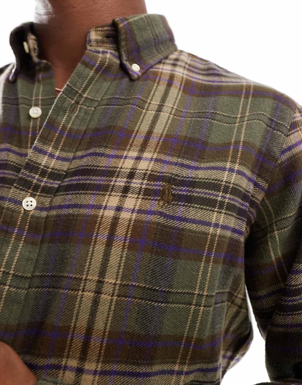 Polo Ralph Lauren icon logo plaid brushed flannel shirt in olive green/brown Product Image