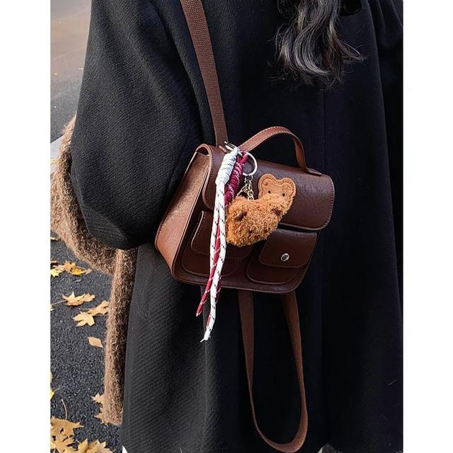 Bear Applique Flap Faux Leather Backpack Product Image