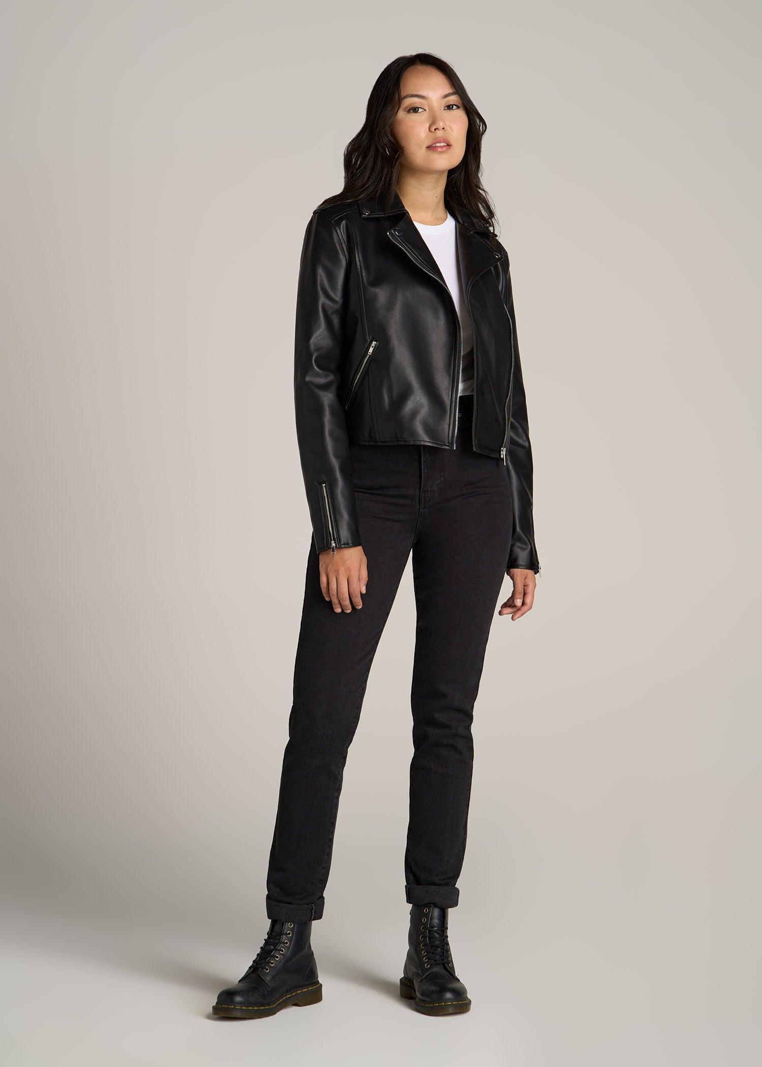 Cropped Faux Leather Moto Jacket for Tall Women in Black Product Image