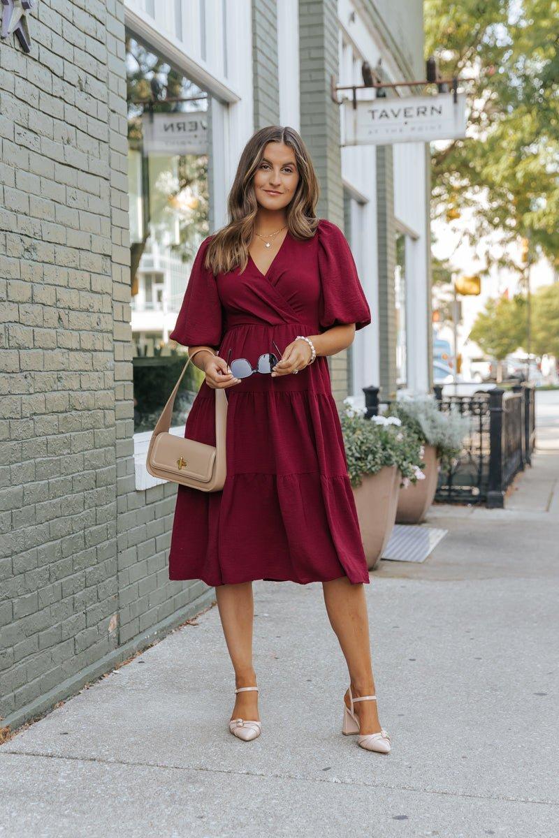 Wine Tiered Midi Wrap Dress Female Product Image