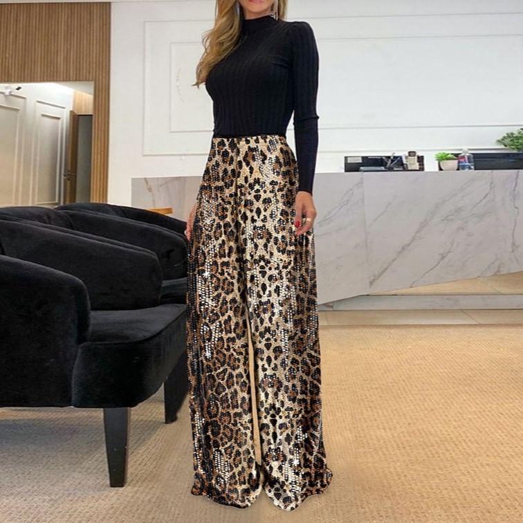 High Rise Leopard Print Wide Leg Pants Product Image