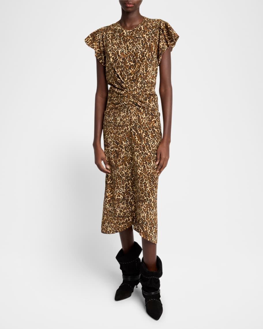 Terena Cheetah Print Ruched Silk Midi Dress Product Image