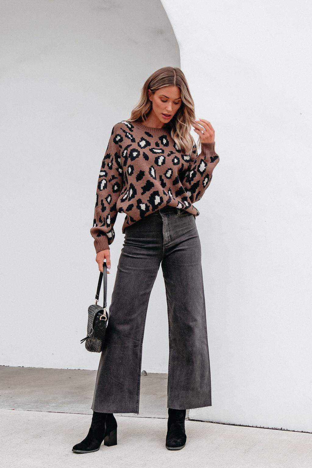 Brown Leopard Print Ribbed Sweater Product Image