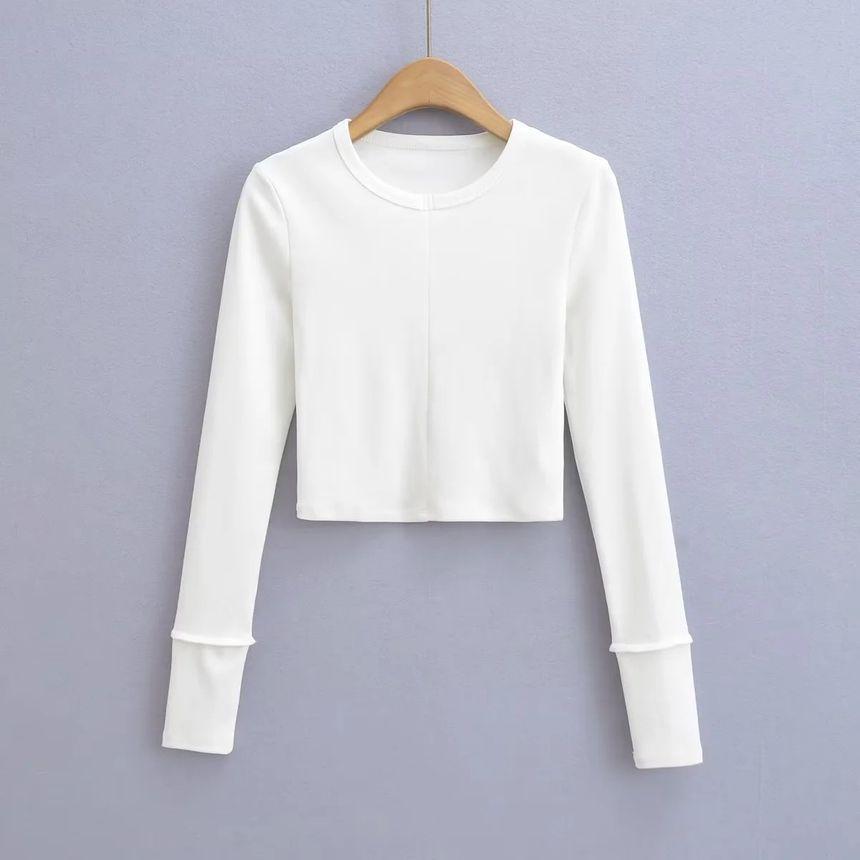 Long-Sleeve Round Neck Plain Crop Tee Product Image