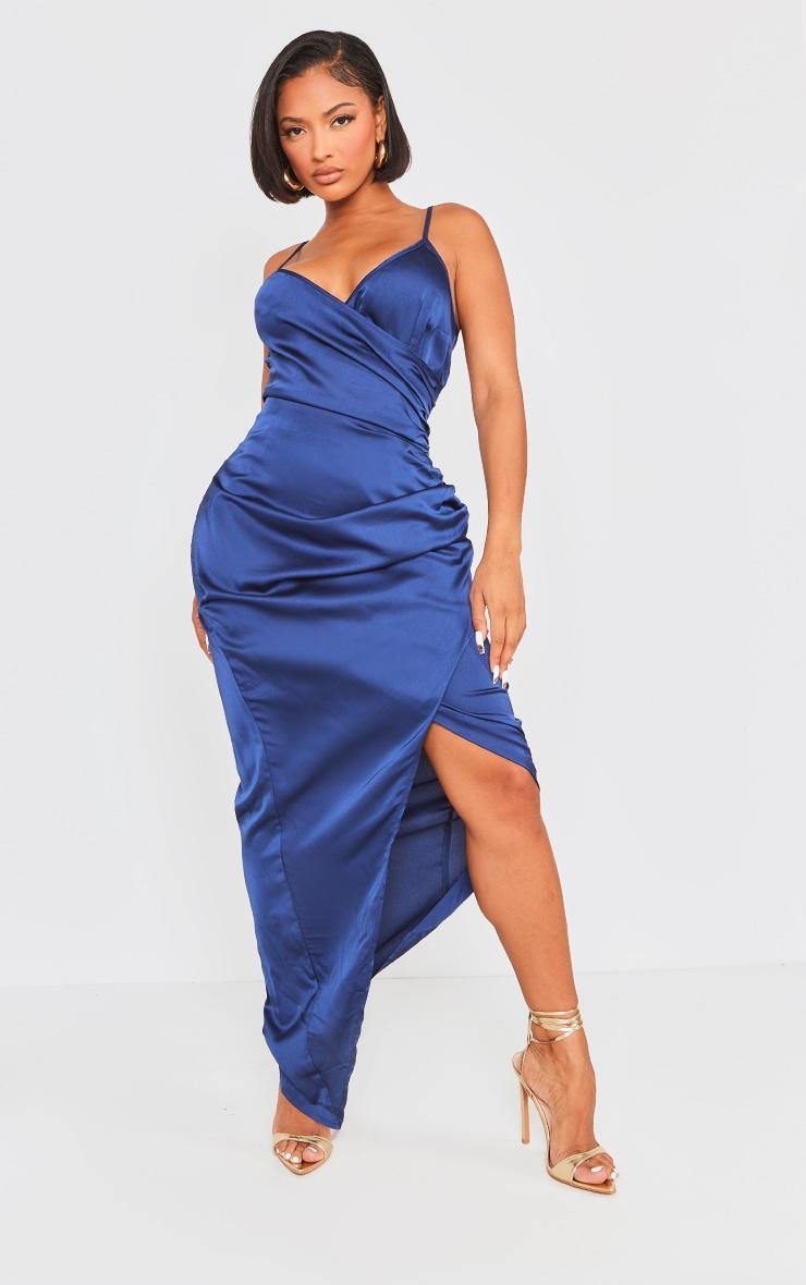 Shape Navy Satin Wrap Midaxi Dress Product Image