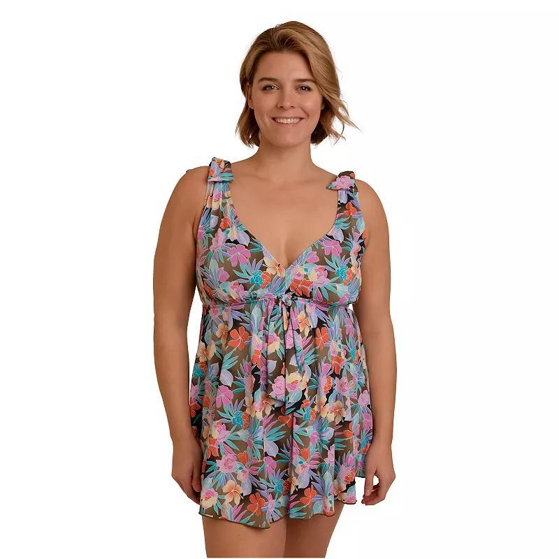 Plus Size Fit 4 U V-Neck Babydoll Swimdress, Womens Product Image