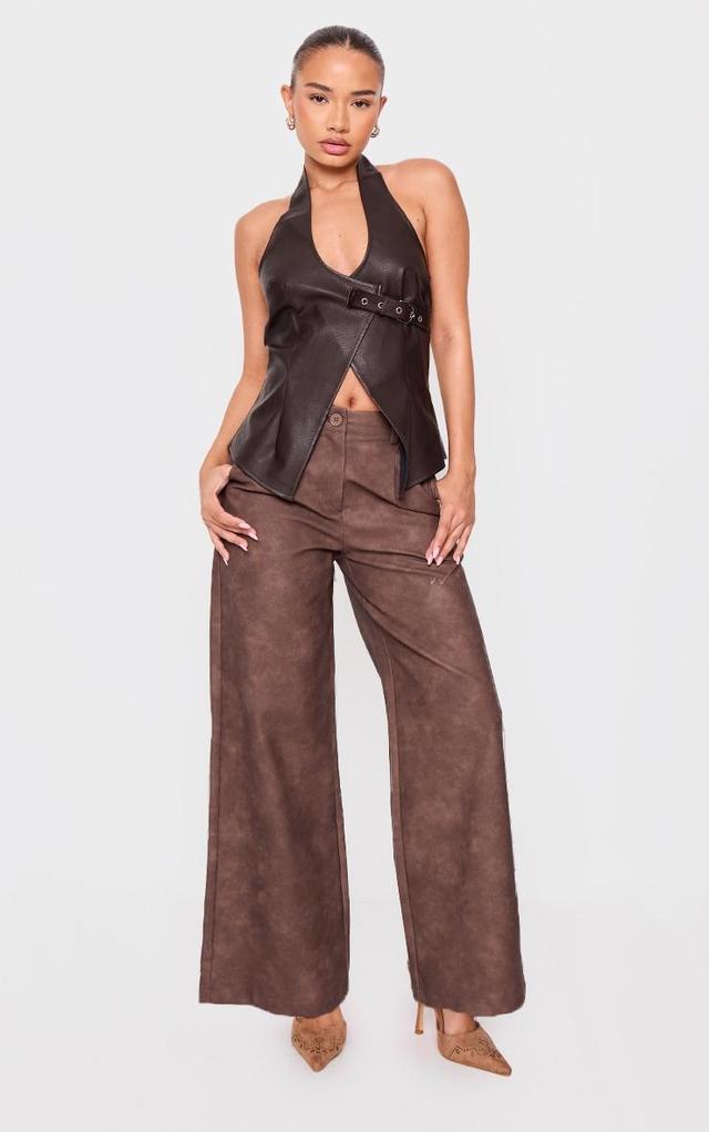 Petite Chocolate Faux Leather Wide Leg Pants Product Image