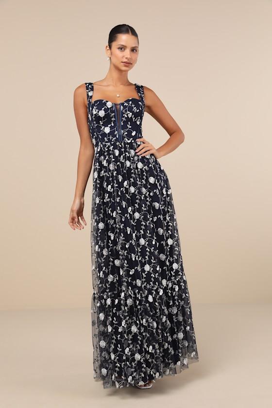 Gala Invite Navy Blue Embroidered Tulle Bustier Maxi Dress Product Image