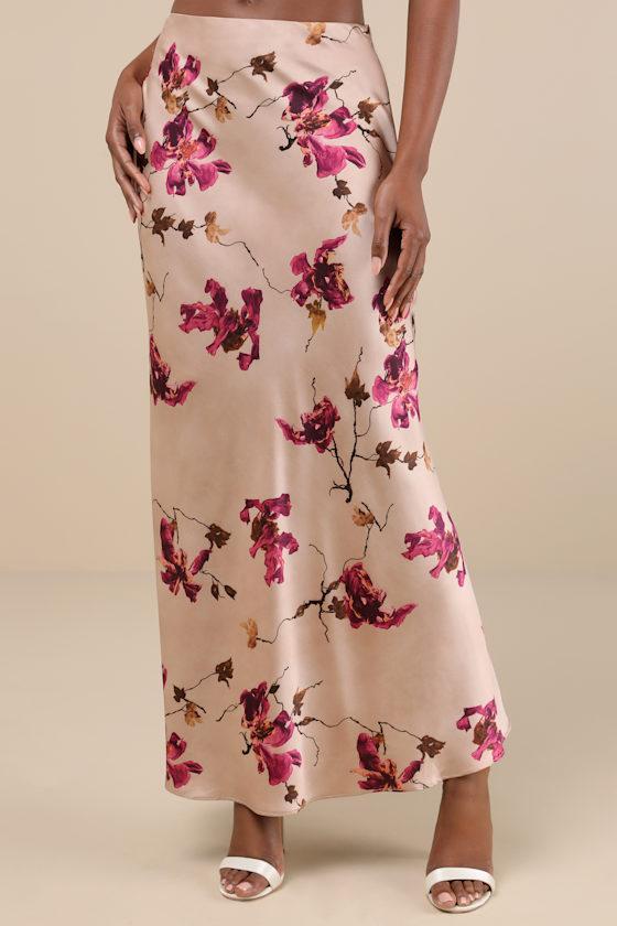 Captivating Element Mauve Pink Floral Print Satin Maxi Skirt Product Image