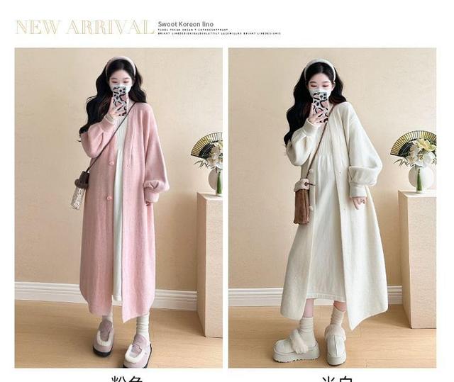 Maternity Long-Sleeve Mock Neck Plain Midi A-Line Knit Dress / V-Neck Button-Up Long Cardigan Product Image