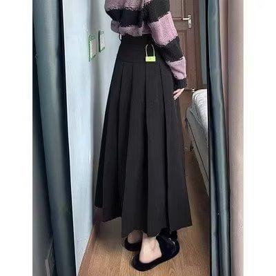 High Waist Plain Pleated Midi A-Line Skirt Product Image