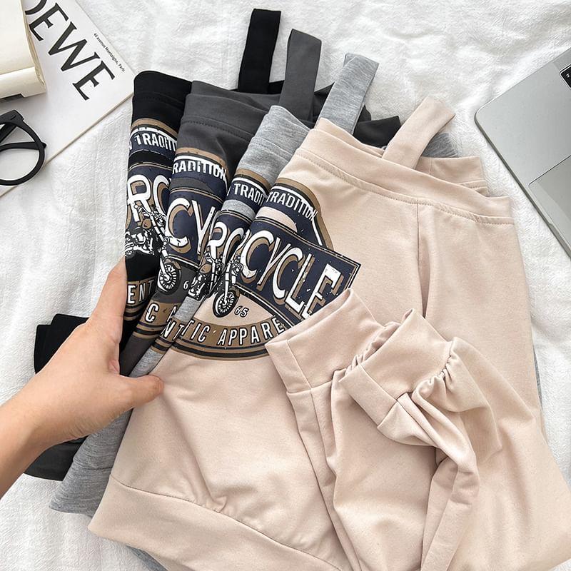 Set: Off Shoulder Lettering Print Crop Sweatshirt + Mini Pleated Skirt Product Image