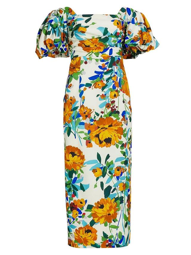 Womens Floral Puff-Sleeve Sheath Midi-Dress Product Image