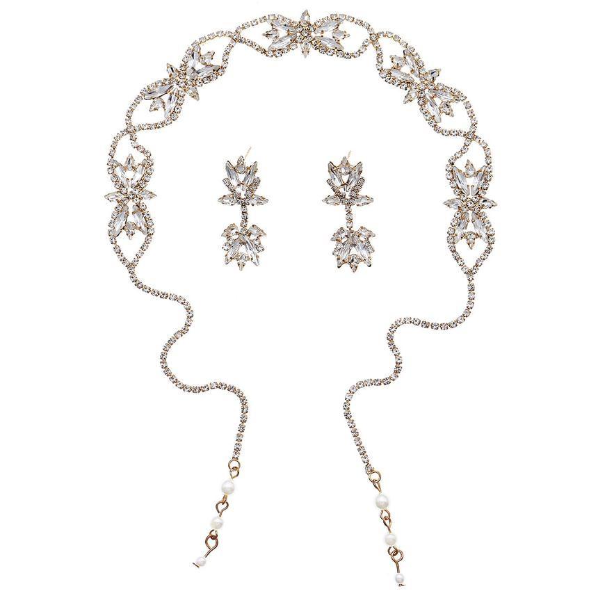 Set: Rhinestone Chained Headpiece + Drop Earring Product Image