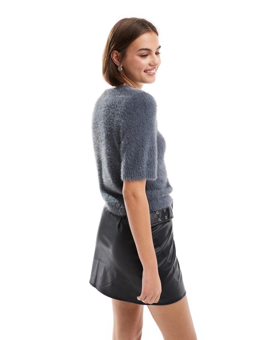 Pretty Lavish cropped knit T-shirt in charcoal Product Image