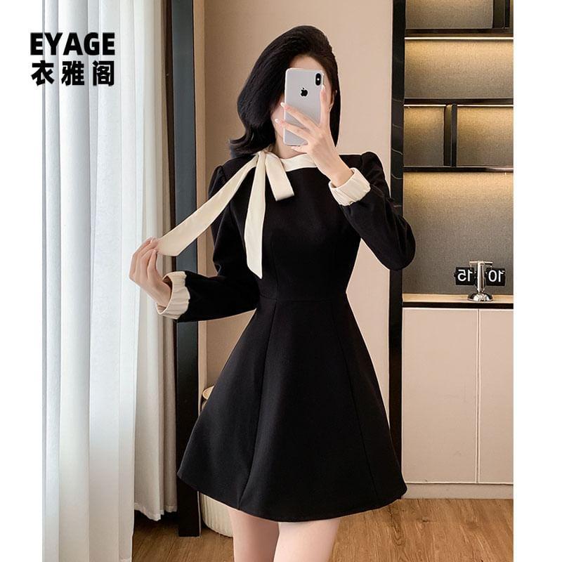 Long-Sleeve Plain Contrast Trim Bow Mini A-Line Dress Product Image