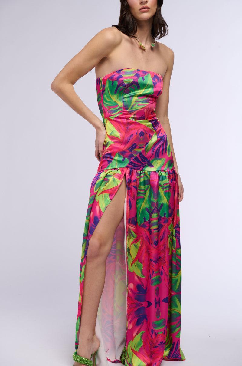 TROPICAL GETAWAY SATIN PRINTED MAXI DRESS Product Image