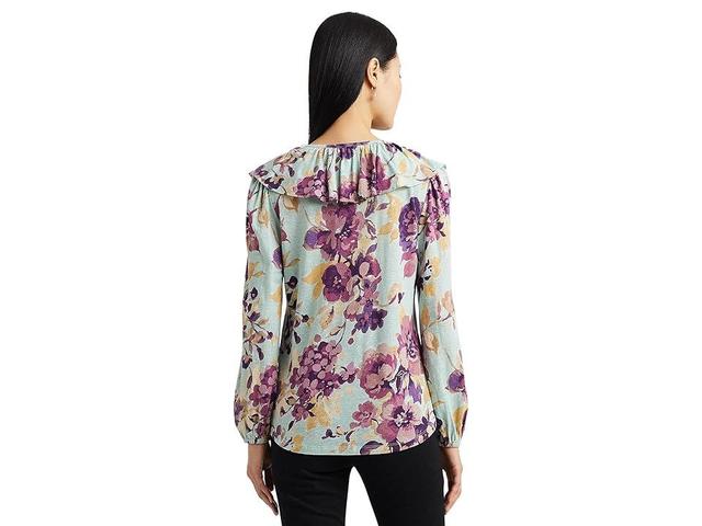 Lauren Ralph Lauren Floral Ruffle-Trim Jersey Tie-Neck Top (Light Multi) Women's Clothing Product Image