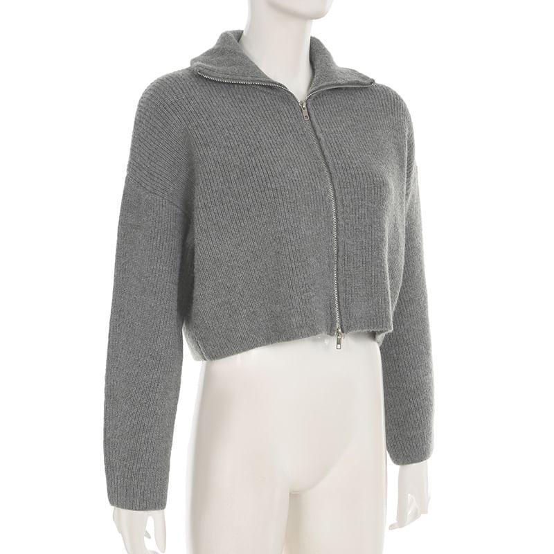 Stand Collar Plain Ribbed Knit Zip Up Cropped Cardigan Product Image