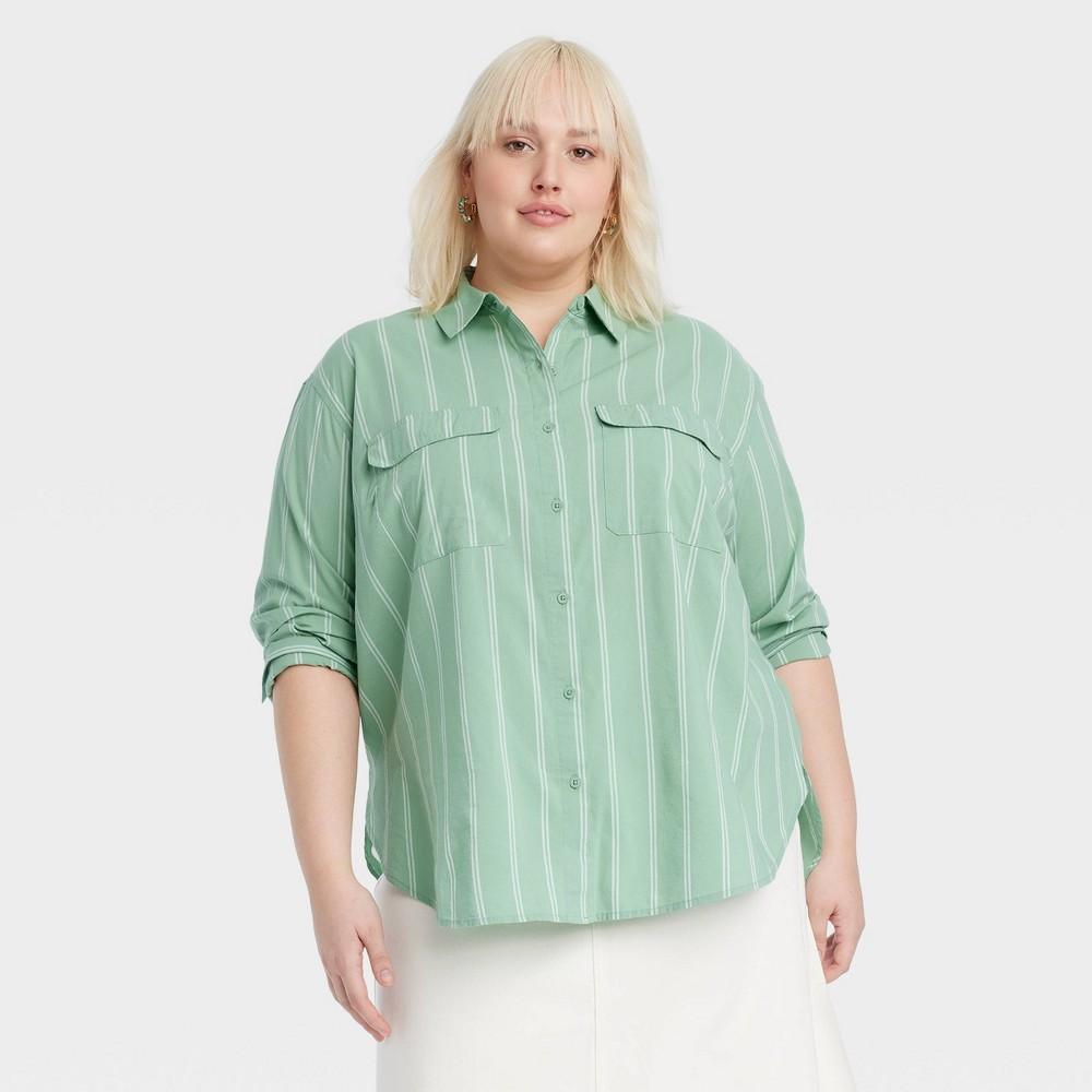 Womens Long Sleeve Utility Button-Down Shirt - Ava & Viv Striped 1X Product Image