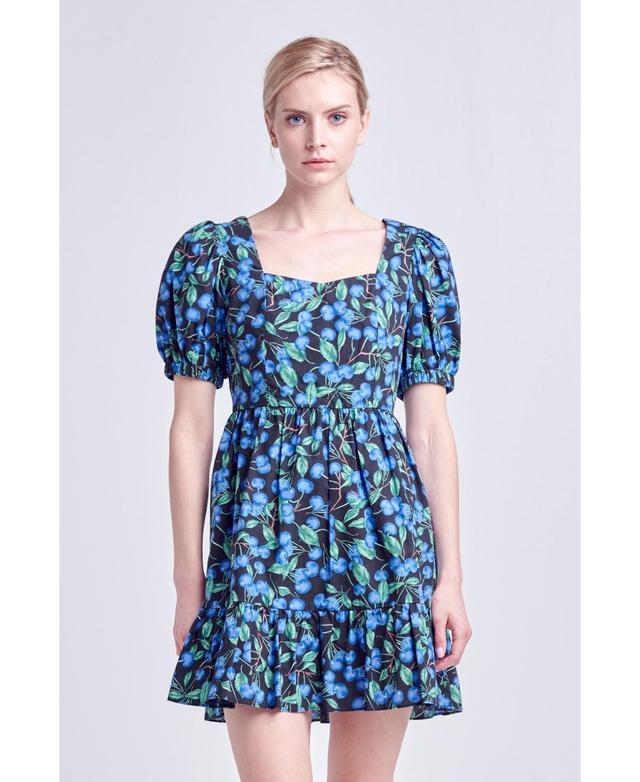 English Factory Womens Blueberry Print Mini Dress with Puff Sleeves Product Image