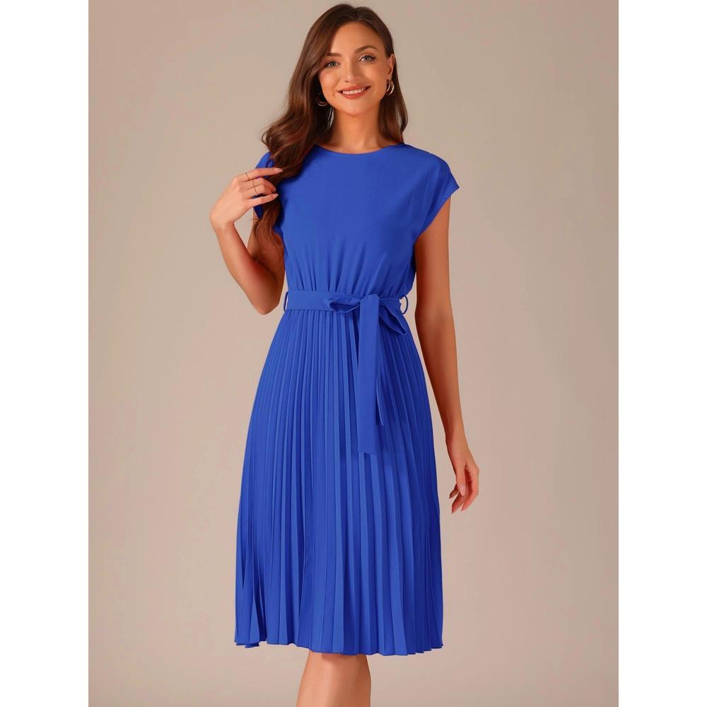 Allegra K Women's Pleated Crew Neck Cap Sleeve Tie Waist A-Line Dresses Royal Blue Large Product Image