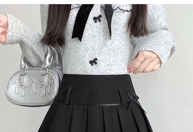 High Rise Bow Pleated Mini A-Line Skirt Product Image