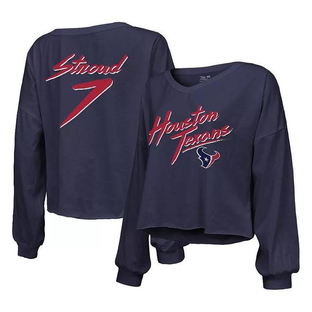 Womens Majestic Threads C.J. Stroud Houston Texans Name & Number Script Off-Shoulder Cropped Long Sleeve T-Shirt Blue Product Image