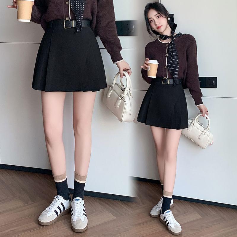 High Waist Plain Pleated Panel Mini A-Line Skirt Product Image